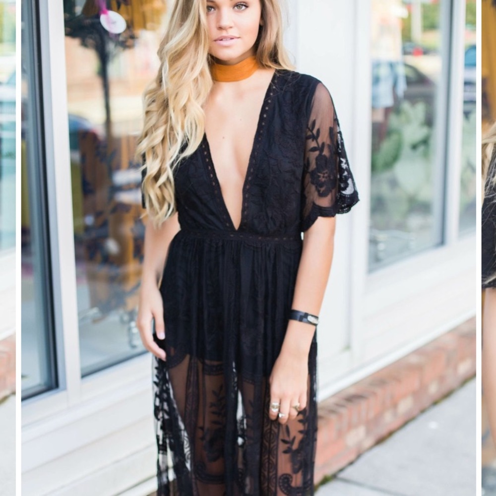 🆕 Honey Punch Black Lace Romper Maxi Dress - Picture 8 of 8